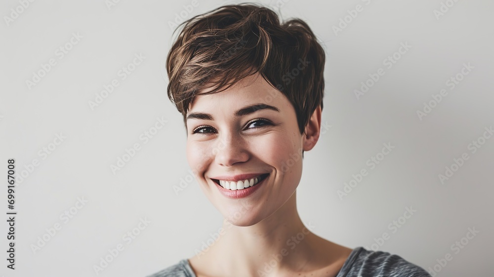 Sticker Head shot of beautiful caucasian woman with short haircut, smiling and looking confident