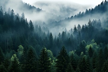Morning fog in the coniferous forest in Carpathian mountains