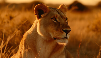 Obraz premium Majestic lioness walking in the savannah, gazing at the sunrise generated by AI