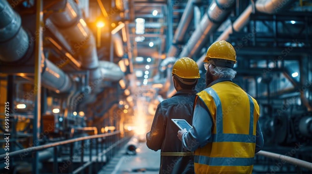 Canvas Prints Heavy Industry Engineers Stand in Pipe Manufacturing Factory, Use Digital Tablet Computer, Have Discussion. Construction of Oil, Gas and Fuels Transport Pipeline. Back View Sparks Flying