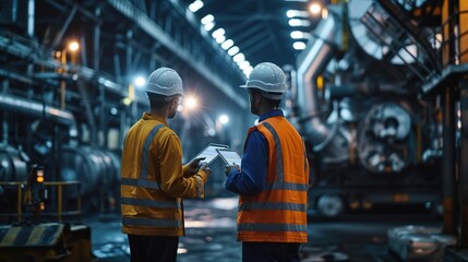 Heavy Industry Engineers Stand in Pipe Manufacturing Factory, Use Digital Tablet Computer, Have Discussion. Construction of Oil, Gas and Fuels Transport Pipeline. Back View Sparks Flying