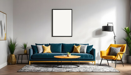 Frame-mockup-in-living-room--Wall-art-framed-canvas-poster-mockup