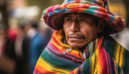 Fototapeta premium A smiling Aymara Indian in traditional clothing at a festival generated by AI