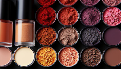 A vibrant collection of multi colored beauty products in a palette generated by AI