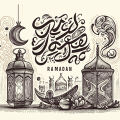 Vector ramadan kareem calligraphy. vector illustration of islamic holiday symbols. drawn lantern. arabic design background. 