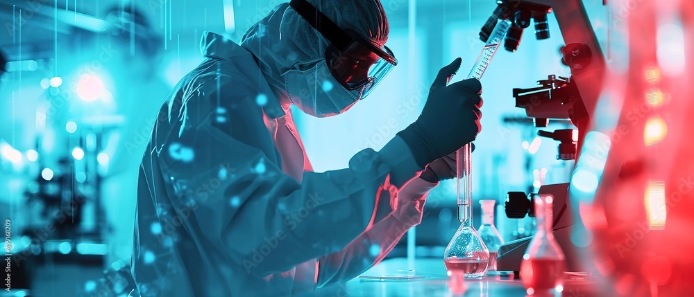 Poster dedicated scientists researching and analyzing samples in a state-of-the-art laboratory environment