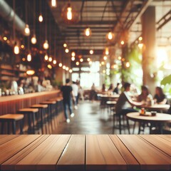Artistic wooden table amidst blurred eatery lights