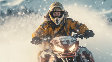 A man is riding a snowmobile in the snow