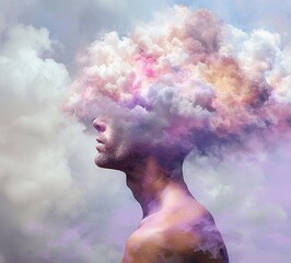 surreal portrait shrouded in a colorful cloud of smoke, symbolizing transcendence and transformation