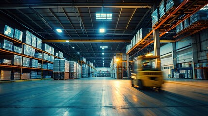 logistic center, a warehouse interior with a blurred forklift and a worker