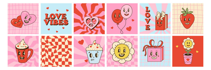 Groovy valentine day cards. Daisy and heart with faces. Comic retro stickers for romantic holiday. Hippie love. 70s and 80s cute characters. Square posters. Cartoon flat vector illustration