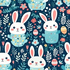 Colorful Easter seamless pattern with bunnies, eggs and flowers.