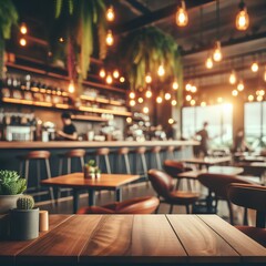 Restaurant ambiance: wooden table and blurred lights - obrazy, fototapety, plakaty