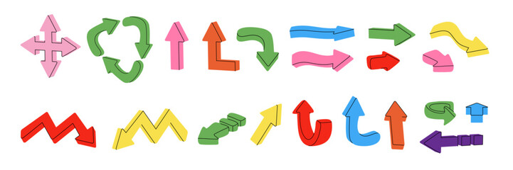 Colorful arrows. Abstract cartoon icons. Pointers for presentation or infographic. 3d modern design. Simple and curved, zigzag and swirl. Vector isolated illustration