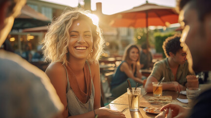 Gather with friends at an outdoor restaurant - obrazy, fototapety, plakaty