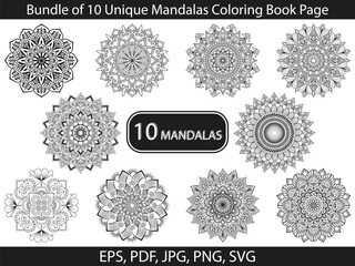 Bundle of 10 Unique Mandalas Coloring Book Page