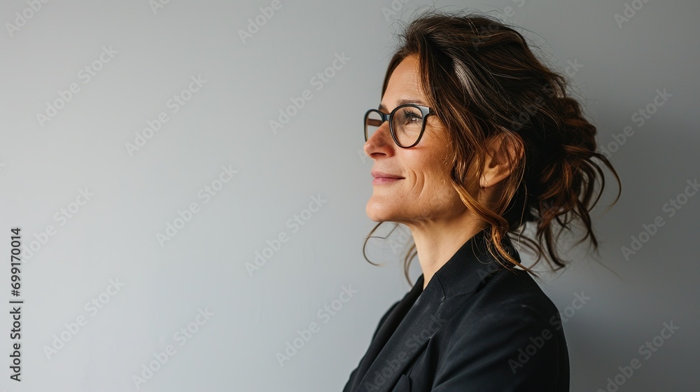 Canvas Prints Middle age beautiful business woman wearing glasses standing over isolated white background looking to side, relax profile pose with natural face and confident smile.