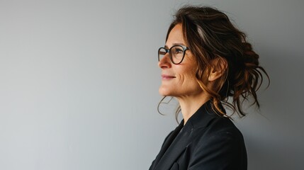 Middle age beautiful business woman wearing glasses standing over isolated white background looking to side, relax profile pose with natural face and confident smile. - obrazy, fototapety, plakaty