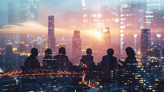 Multiple exposure shot of businesspeople in an office superimposed on a cityscape