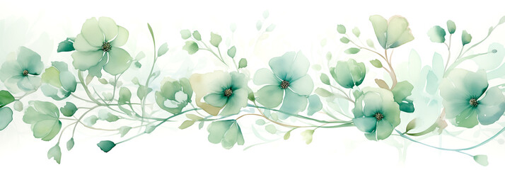 Watercolor Painting - Dreamy Floral Background - Light Green and White Banner with Wildflowers.