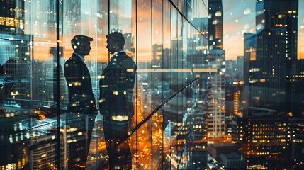Multiple exposure shot of two architects in a building superimposed on a cityscape - obrazy, fototapety, plakaty