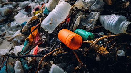 Obraz premium plastic pollution on a beach, affecting marine animals and coastal ecosystems generative ai