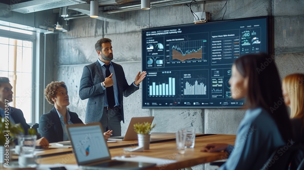 Poster Conference Room Meeting Presentation: Latin Businessman Talks, Uses Wall TV to Show Company Growth with Big Data Analysis, Graphs, Charts, Infographics. Multi-Ethnic e-Commerce Startup Workers