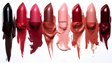 A Number of Lipsticks of Different Shades on a White Surface, Splashes, Blush, Fashionable.
