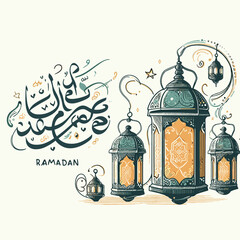 Obraz na płótnie Canvas Vector ramadan kareem calligraphy. vector illustration of islamic holiday symbols. drawn lantern. arabic design background. 