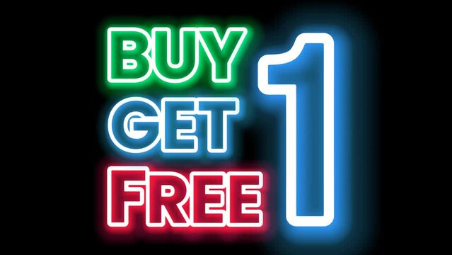 BUY 1 GET 1 FREE - Seamless looping UHD 4K Glowing Text animation on black background. Banner promotion.	