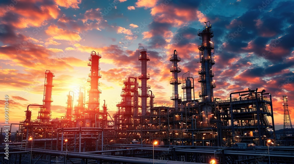 Wall mural Oil and gas refinery plant or petrochemical industry on sky sunset background