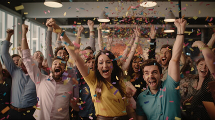 A diverse team of employees celebrating a resounding success in their office space, surrounded by a cascade of confetti