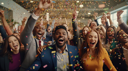 A diverse team of employees celebrating a resounding success in their office space, surrounded by a cascade of confetti - Powered by Adobe
