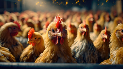 Close-up of Many chickens waiting to be fed up - obrazy, fototapety, plakaty