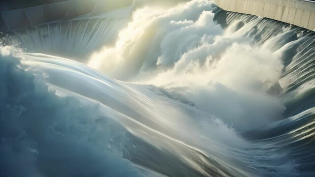 A striking macro shot of a hydropower dam, illustrating the immense power of water as it spins giant turbines to generate electricity.