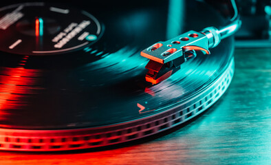 Colored neon vinyl record playing. Fusion of retro vibes and vibrant modernity.