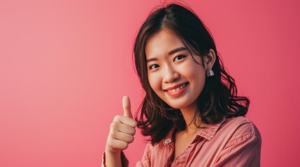 Portrait happy woman shows thumb up and looking at the camera on pink background