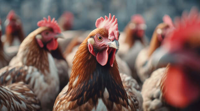 Close-up of Many chickens waiting to be fed up