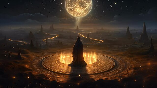 A robed storyteller standing atop an ornate carpet in an open meadow spinning a mesmerizing Fantasy art concept.