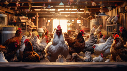 Close-up of Many chickens waiting to be fed up - obrazy, fototapety, plakaty