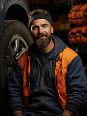 Obraz premium Auto mechanic in blue overalls in garage