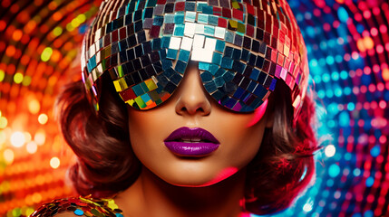 Gorgeous woman in 80s disco style, ultraviolet and neon colors - obrazy, fototapety, plakaty