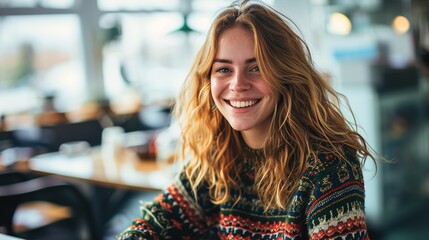 Portrait of a happy casual businesswoman in sweater sitting at her workplace in office