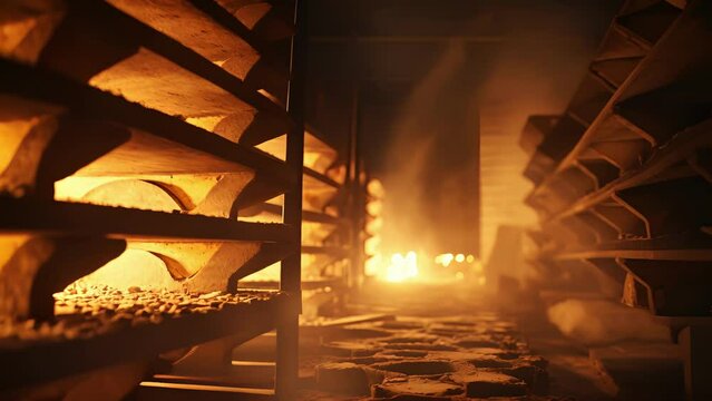 Closeup shot of a kiln being filled with an array of ceramic pieces. The kiln is glowing with extreme heat as the pieces settle onto the racks.