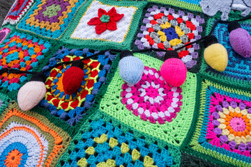 multi coloured crochet blanket patterned  - obrazy, fototapety, plakaty