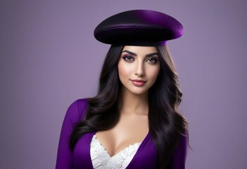 Portrait of beautiful brunette woman in purple dress and beret