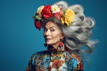 Portrait of a beautiful woman with long hair and flowers in her hair