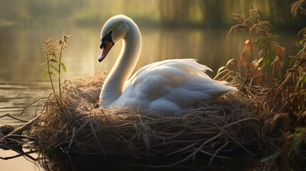 A swan curling around its nest, protecting its eggs on the bank of a serene lake. - obrazy, fototapety, plakaty