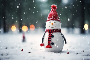 Naklejka na ściany i meble Snowman in red hat and scarf standing in snowfall at night