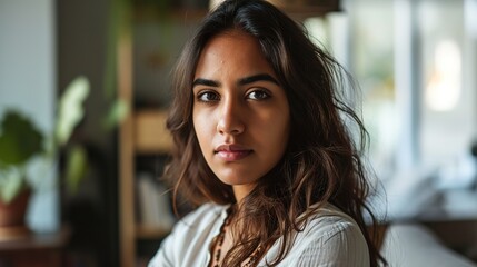 portrait of confident young Indian woman renter or tenant pose in modern own new apartment or house. Profile picture of millennial mixed race female look at camera - obrazy, fototapety, plakaty